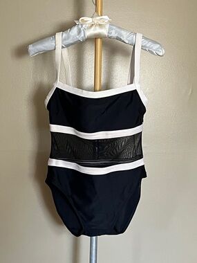 Women’s Vintage Black One-Piece Swimsuit with White Trim